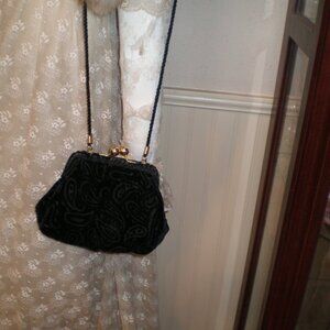 Vintage Crushed Black Velvet Crossbody Bag Evening Purse Pristeen Cond.